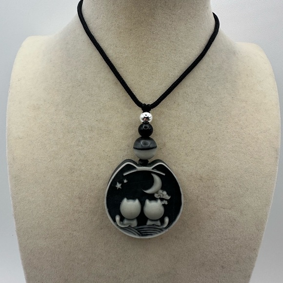 Tai Chi Stone Cat Design Pendant with Accent Beads on Black Adjustable Rope - Picture 9 of 9